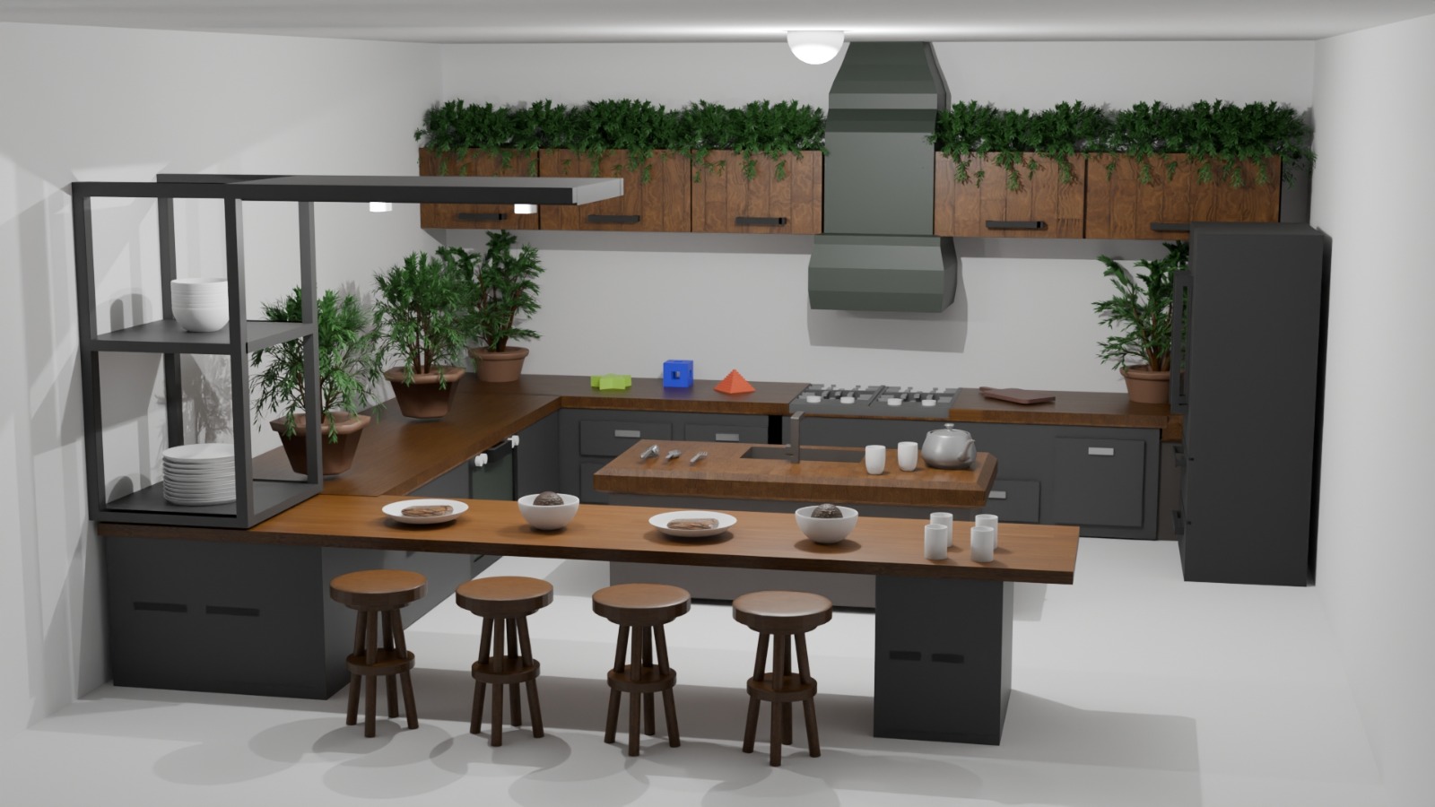 Render dapur industrial dengan island bar